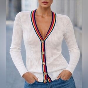 LOFT White Ribbed Cardigan with Multicolor Trim